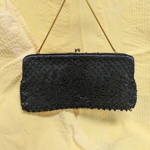 #12 Vintage black beaded evening clutch bag with a floral design